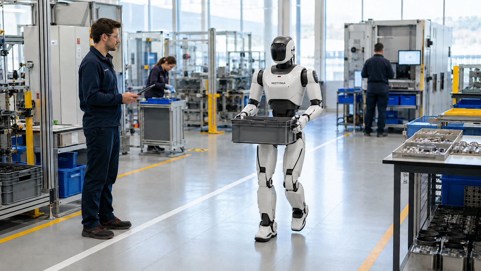 Tecnico che supervisiona un robot umanoide durante il trasporto di componenti in produzione