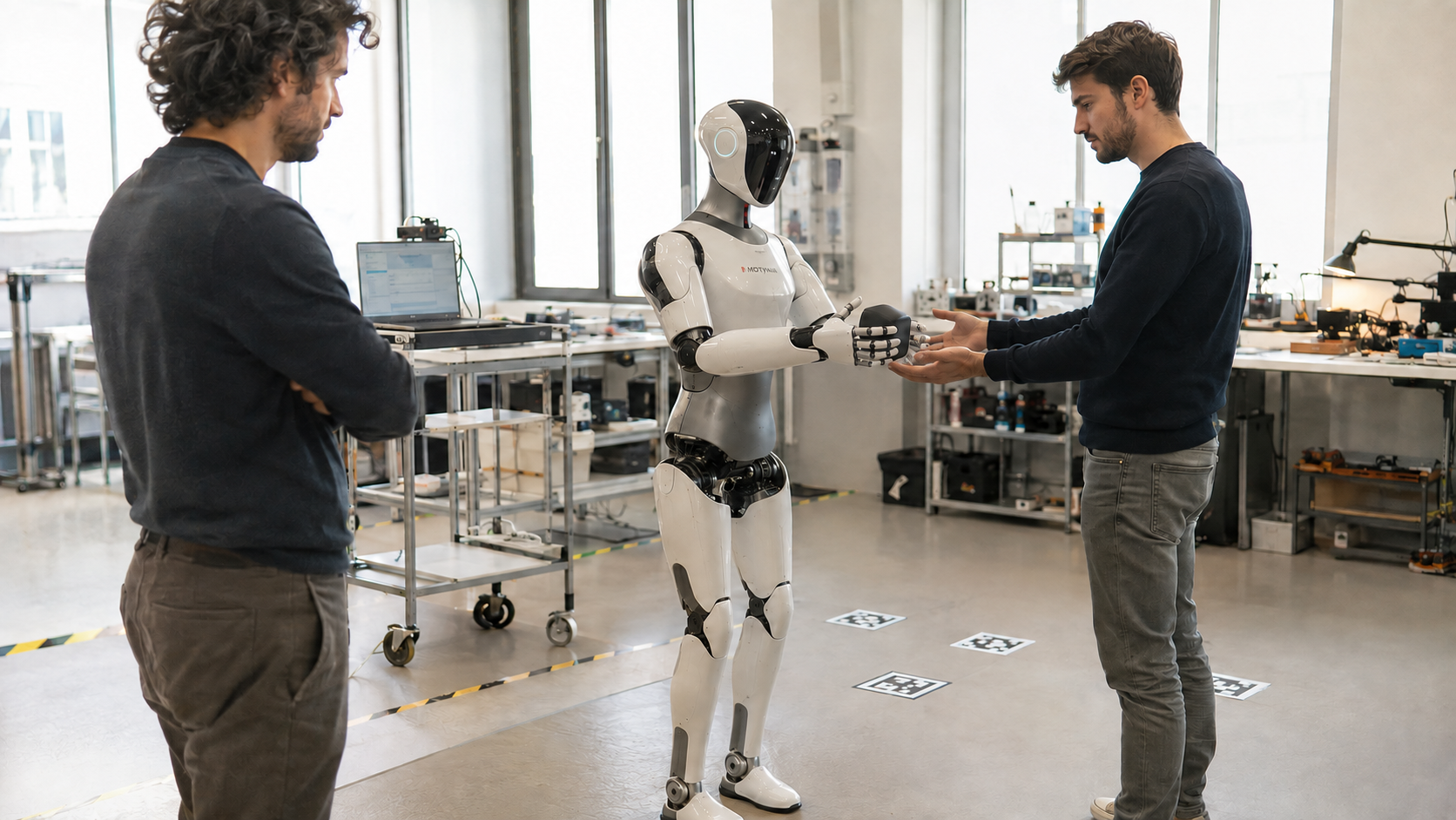 Tecnici supervisionano un esperimento di passaggio di oggetti con un robot umanoide in laboratorio