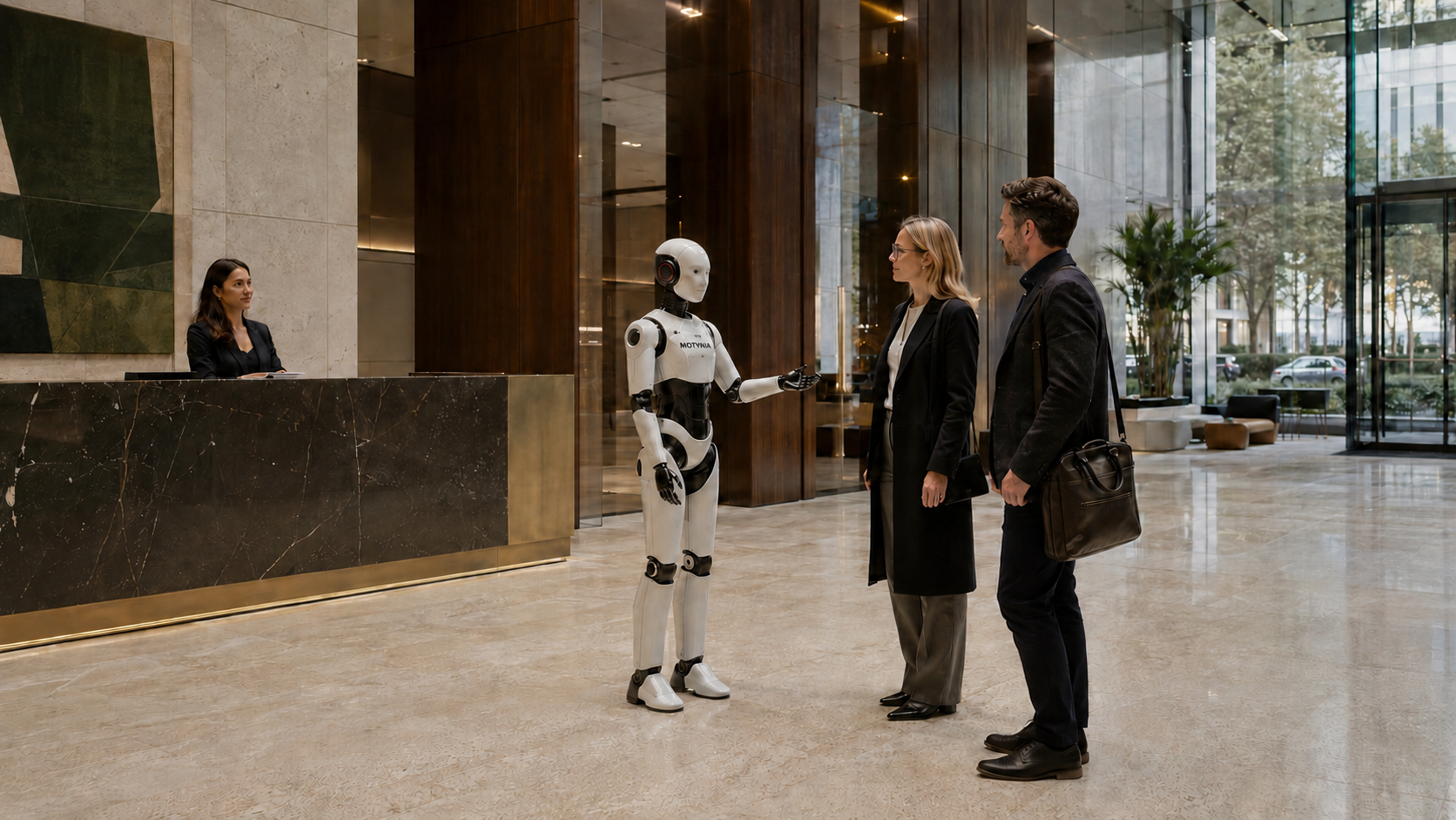 Robot umanoide che guida i visitatori in una raffinata hall aziendale